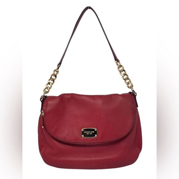 Michael Kors Cherry Red Gold Chain Handles Leather Purse - Picture 1 of 14